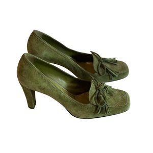 Tommy Hilfiger Womens 7.5 Pump Heels Moss Sage Green Suede Square Toe Tassels